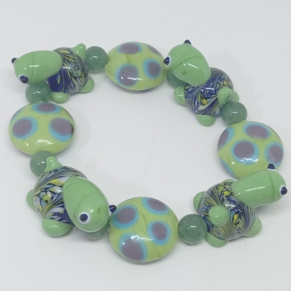 * Murano millefiori Turtles adorable art glass stretch bracelet